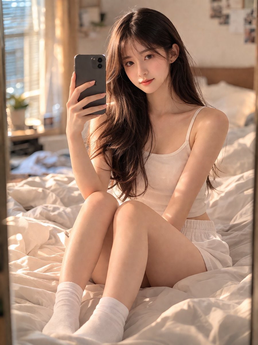 温馨卧室里的少女自拍