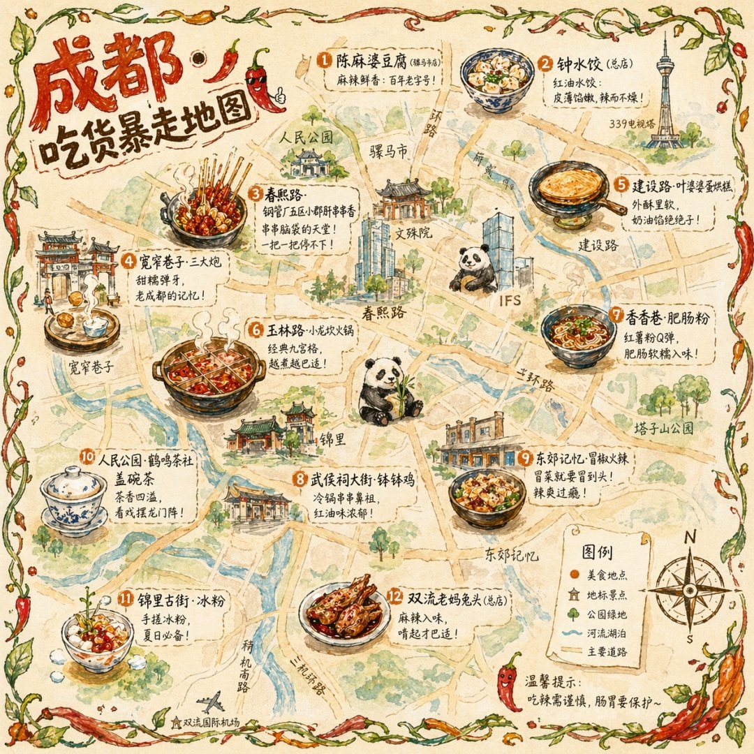 手绘风格的城市美食地图