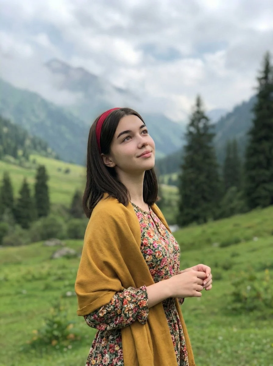 年轻女子站在郁郁葱葱的绿色山谷中