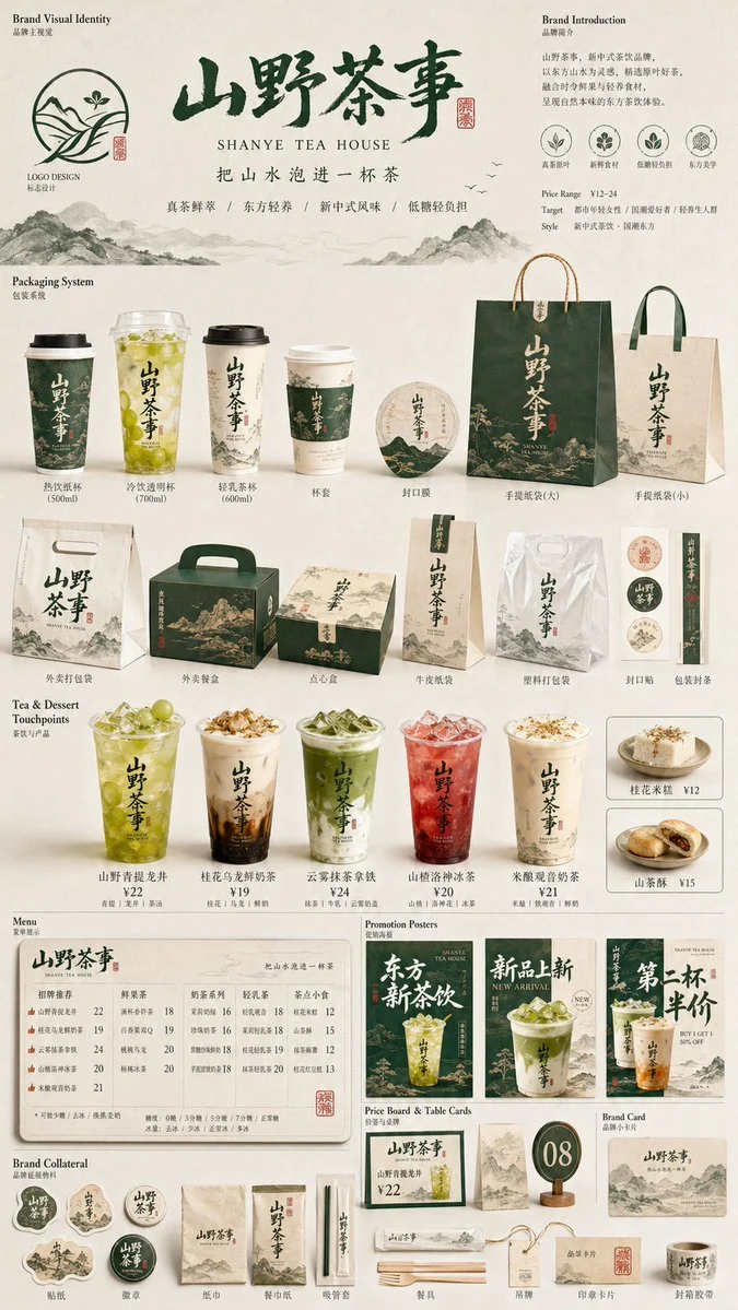 这是一个面向餐饮行业的品牌视觉识别样机展示板 / 包装系统陈列图 /模板